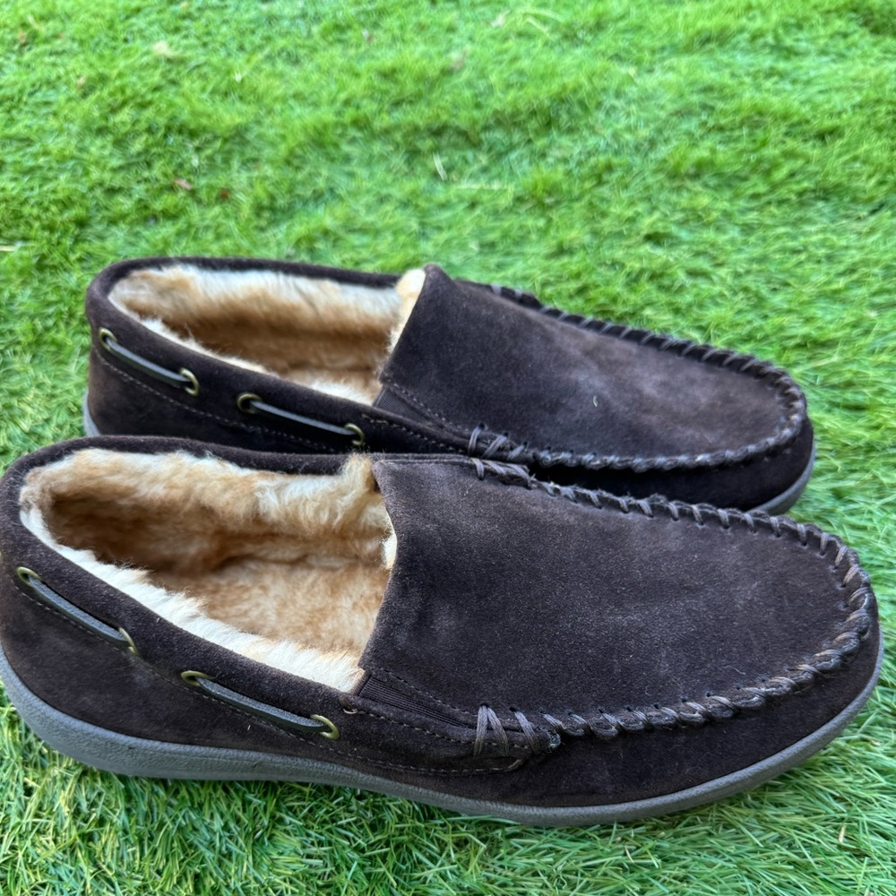 Rockport Men’s Brown Suede Faux Fur-Lined Slippers – Size 10